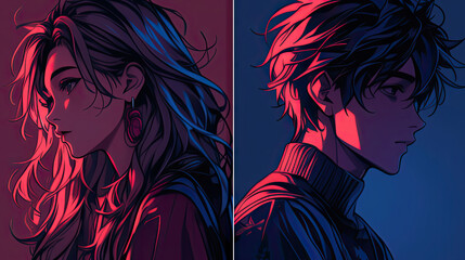 A captivating anime-style portrait of a young couple, bathed in vibrant neon light.