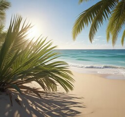 Fototapeta premium Palm fronds rustle in ocean breeze amidst sandy beach, palm fronds, outdoor setting, palm trees