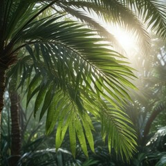 Fototapeta premium Palm leaves shimmering with dew and sunlight in the morning, sunlight filter, palm tree, green leaves