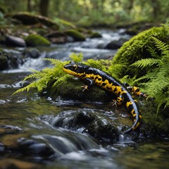 Fire Salamander Resting Near a Stream. 