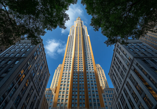 Fototapeta Blue skies and tall buildings seen from below, wide-angle, low-angle perspective, skyscrapers, business district, cityscape, urban architecture, blue sky, office building, corporate skyline, skyscrape