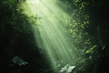Obraz premium Sunbeams Illuminate Lush Green Forest Canopy
