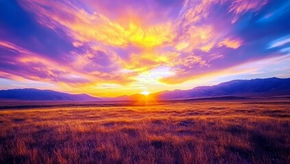 Obraz premium Vibrant Sunset Over Golden Grasslands with Majestic Mountains Under Colorful Sky Displaying Shades of Orange, Pink, Purple, and Blue at Dusk