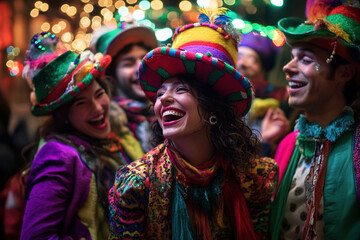 Laughing friends in colorful hats celebrate a festive night, their joy infectious and the atmosphere electric.