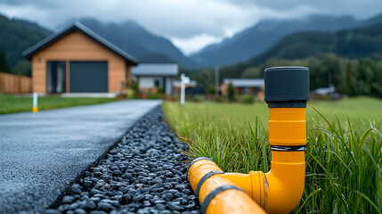 Fototapeta premium Underground geothermal pipe installation near a cozy home mountain landscape photography natural environment low angle sustainable living