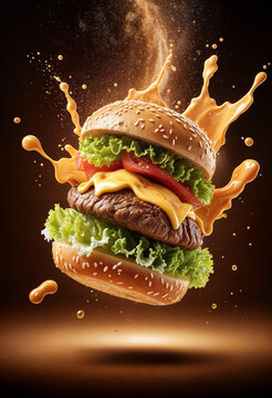 The image features a dynamic, mouthwatering cheeseburger with ingredients suspended in mid-air. Melting cheese splashes dramatically, complementing the juicy beef patty, fresh lettuce, tomatoes, jalap