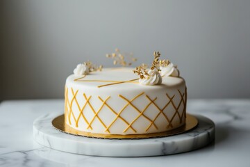 Elegant modern minimalist cake with geometric icing indoor setting food photography contemporary vibe close-up view creative desserts concept for inspiring cake designs