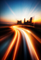 Obraz premium The image captures a futuristic cityscape at sunset with dynamic light trails curving toward the skyline.