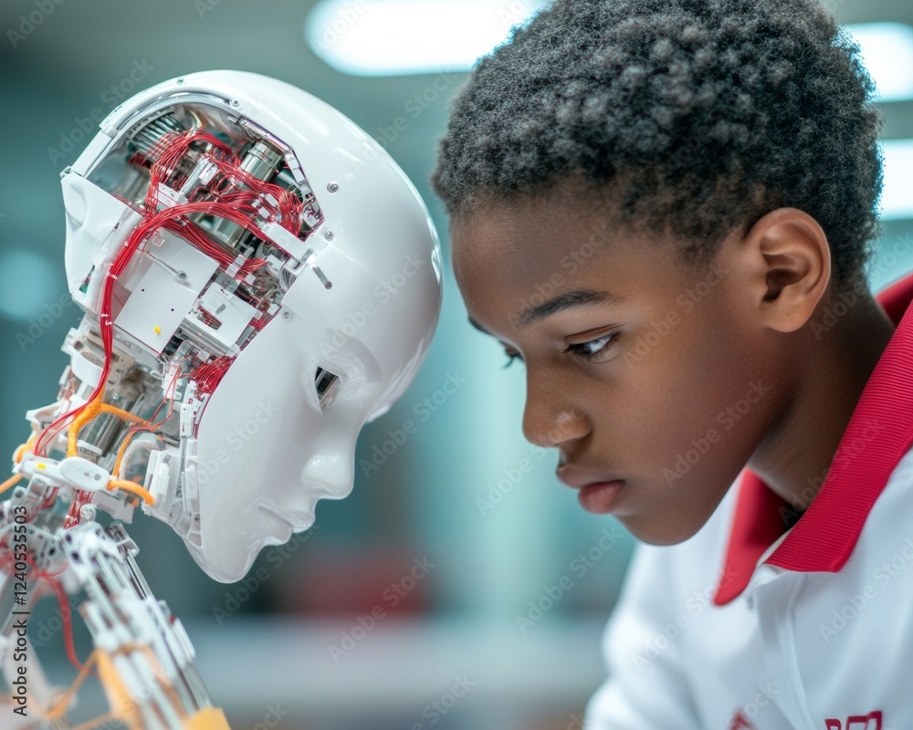 Aufkleber ai-powered stem learning diverse young male student engages with futuristic robotic head - hands-on 