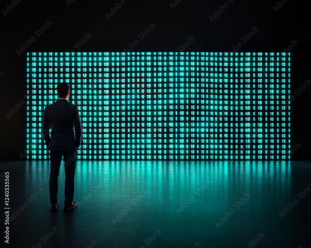 Poster AI-Driven Stock Market Display Businessman in Front of Neon Data Wall - Futuristic Analytics for Financial Growth and Corporate Strategy Visualization