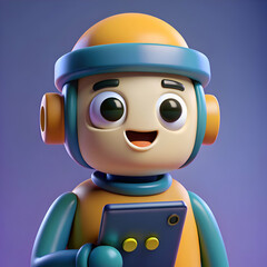 A friendly cartoon robot smiles while looking at a smartphone.