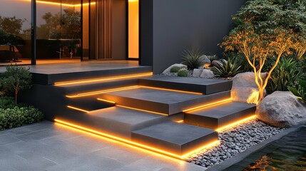 Fototapeta premium Contemporary Architectural Design of a Modern House Featuring a Beautifully Lit Garden and Elegant Steps Leading to a Welcoming Entrance in a Tranquil Evening Setting