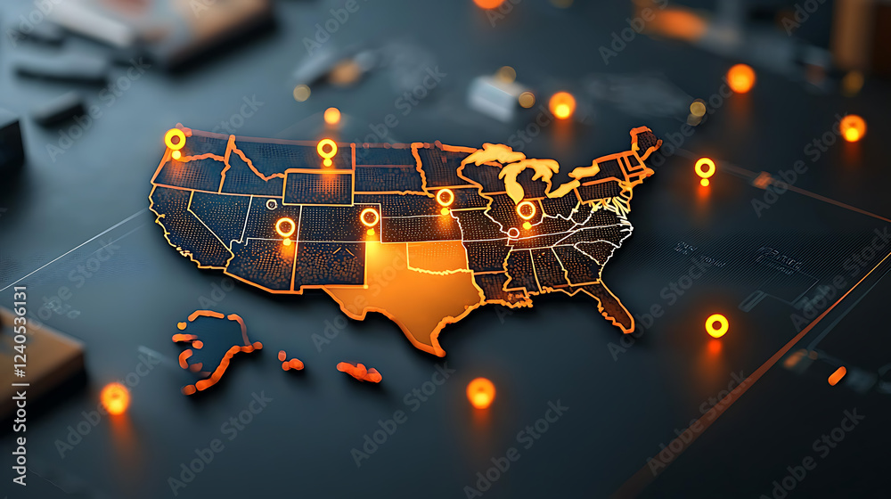 Poster us map highlighting areas of high activity with glowing points digital visualization technology envi
