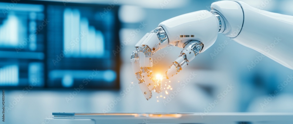 Poster Futuristic Robotic Hand Interacting with Digital Interface High-Tech Innovation and Precision Engineering for Manufacturing and Automation Industry - Enhancing Efficiency and Connectivity