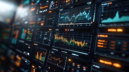 Fototapeta premium Financial data analysis screen, market trends, night office