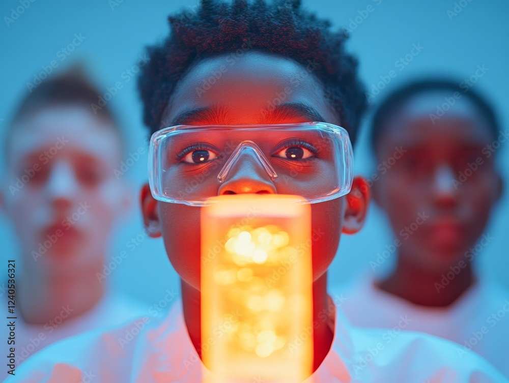 Poster vibrant stem exploration diverse youth engaged with glowing chemical reaction in modern lab - enhanc