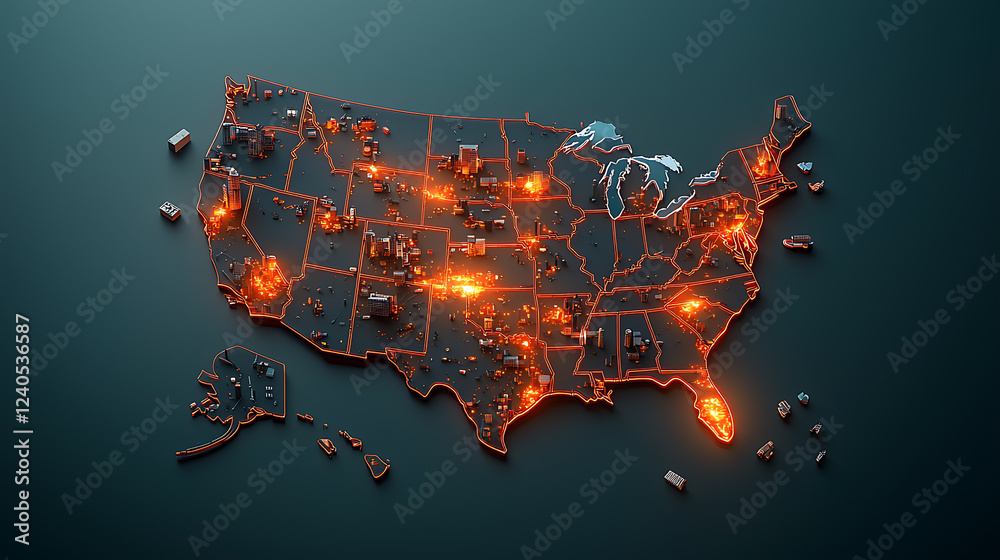 Poster dynamic visualization of the united states illuminated map geographic data representation futuristic