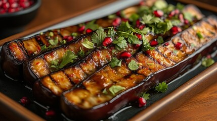 Honeydew roasted eggplant and pomegranate seeds