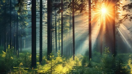 Sunlight filtering through dense trees in a serene forest