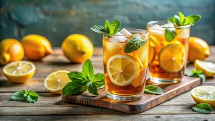 Fototapeta premium Refreshing Summer Iced Tea with Fresh Mint Leaves and Lemon Slices, refreshing drink, cooling drink