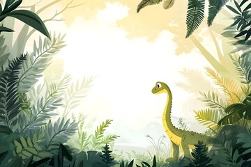 A whimsical dinosaur stands amidst lush greenery in a serene prehistoric jungle setting