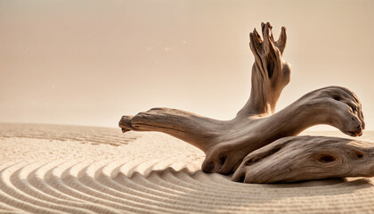 The image features a beautifully weathered piece of driftwood resting on finely textured sand with natural wave patterns. 