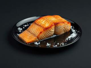 salmon steak sizzling on a dark black plate, salt sprinkled around it,  seafood platter,  salmon fish,  cooking salt