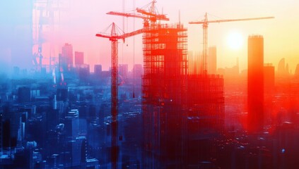 Urban Construction Sunrise with Cranes Over City Skyline in Vibrant Colorful Gradient Background Enhancing Modern Architecture Atmosphere