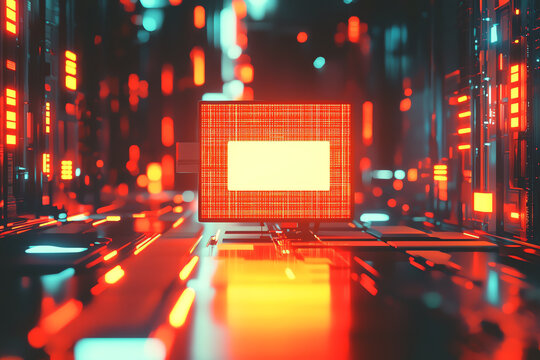 Digital warning sign on glowing screen in futuristic environment, showcasing data security and technology. vibrant colors create sense of urgency and importance