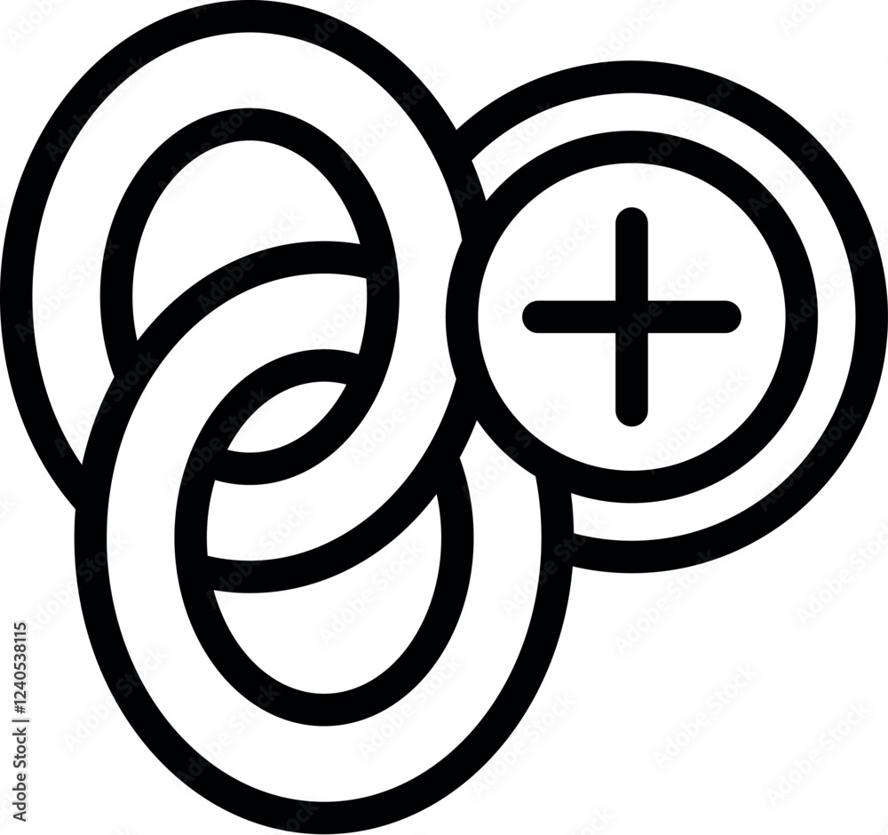 Poster interconnected rings with plus sign representing adding a new element, integration, expansion, and c