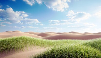 Obraz premium Lush Green Grass Waving Gently on Rolling Sand Dunes Under a Bright Blue Sky with Soft White Clouds and Sunlight Illuminating the Landscape