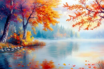 Serene Autumn Landscape with Vibrant Trees and Tranquil Lake Reflections in a Colorful Fall Scene