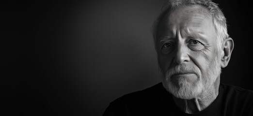 Elderly man portrait showcasing wisdom and experience, deep wrinkles, gray beard, intense gaze, black and white photography, dramatic lighting, emotional expression, copy space for text