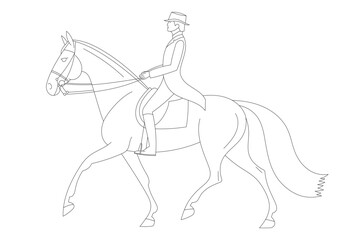 Outline drawing of a man in a suit and top hat riding a horse in an elegant posture
