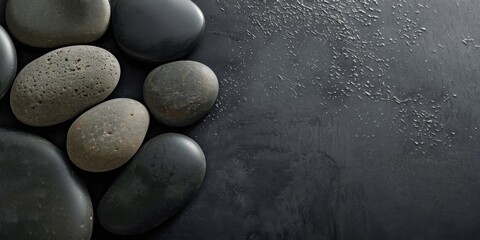 A stark black canvas with clean, minimalist pebble arrangements, Geometric and balanced design