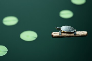 Tranquil Eco-Lake Turtle Basking on Natural Wood Amidst Lily Pads - Environmental Harmony Imagery for Green Marketing and Sustainability Education