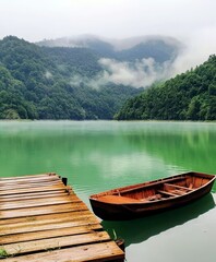Obraz premium Tranquil Lake Scene with Wooden Boat at Dock Surrounded by Lush Green Mountains and Misty Fog in Serene Nature Setting
