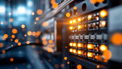 Illuminated server rack displays active network data transfer, showcasing modern technology infrastructure