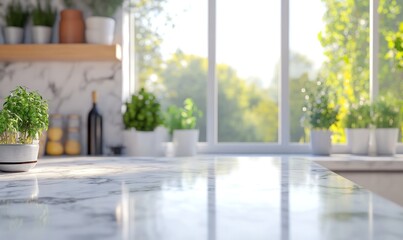 Bright Kitchen Sunlight: Marble Countertop, Plants, and Window View