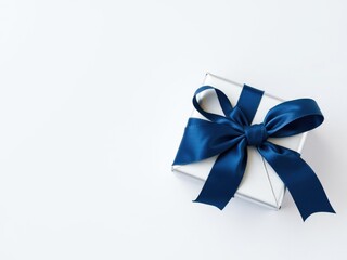 Simple yet sophisticated silver gift container adorned with a navy blue bow on a light gray surface, gray background, decorative gift