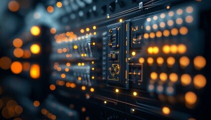 Futuristic server room interior with glowing orange lights and intricate technological details