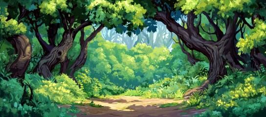 Fototapeta premium Lush Green Forest Path with Vibrant Foliage and Sunlight Filtering Through the Canopy in a Serene Natural Setting for Outdoor Adventures and Exploration
