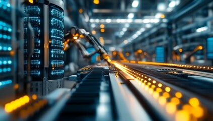 Futuristic automated factory assembly line with robotic arms and glowing digital displays, showcasing advanced manufacturing technology