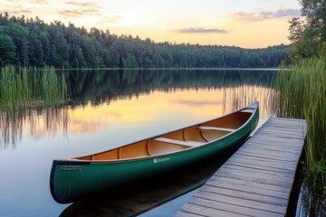 Obraz premium Serene Sunset Reflection Over Calm Lake with Canoe and Lush Green Vegetation in Scenic Nature Landscape