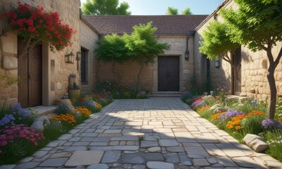 Obraz premium Small stone floored courtyard with a few trees and flowers, garden, trees