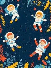 Playful astronauts floating in space surrounded by colorful plants and stars, ideal for children's themes