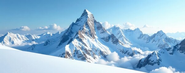 Snow-covered mountain peak in the distance with blue sky and clouds, calm atmosphere, distant peaks, cloudy skies