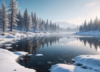 Snow-covered landscape with a frozen lake and frosty air, , calming atmosphere