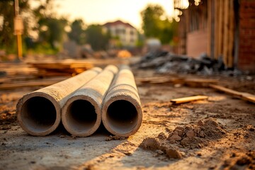 Three large concrete pipes rest on a construction site at sunset, surrounded by soil and building materials