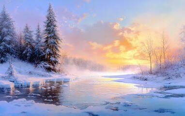 Serene Winter Landscape at Dusk with Snow-Covered Trees, Frozen River and Vibrant Colorful Sky Reflected in Calm Water